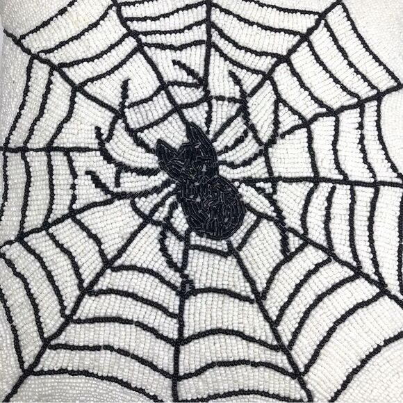 Noir Night Black Spiderweb White Beaded 16” Halloween Decor Accent Throw Pillow - Picture 3 of 15